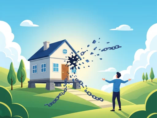 Rumah dengan rantai putus, melambangkan kebebasan finansial dari KPR yang lunas.