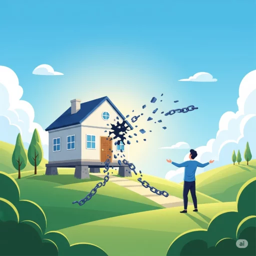 Rumah dengan rantai putus, melambangkan kebebasan finansial dari KPR yang lunas.