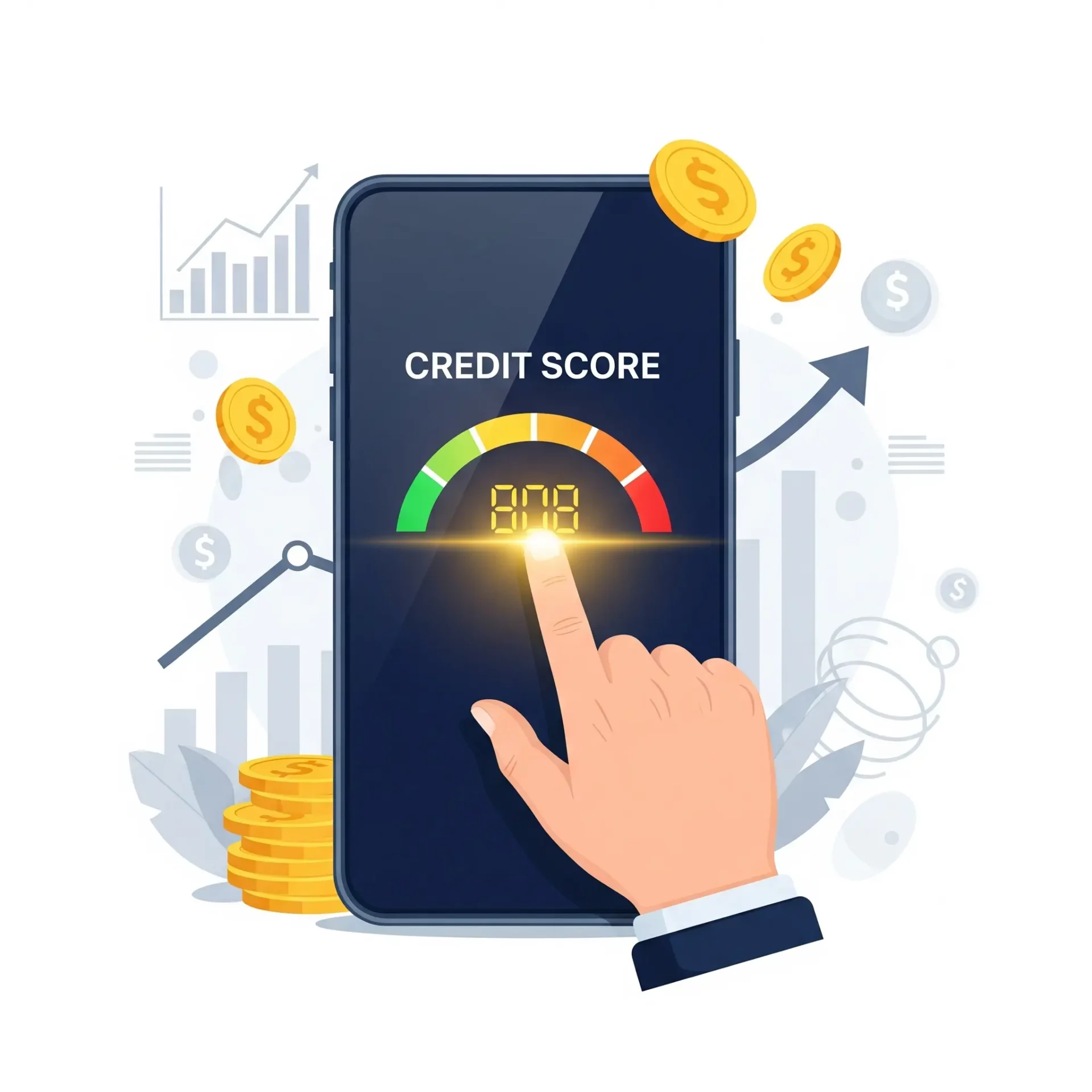 Layar smartphone menampilkan skor kredit digital dengan grafik naik, melambangkan kontrol finansial.