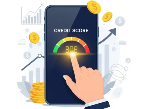 Layar smartphone menampilkan skor kredit digital dengan grafik naik, melambangkan kontrol finansial.