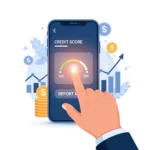 Layar smartphone menampilkan skor kredit digital dengan grafik naik, melambangkan kontrol finansial.
