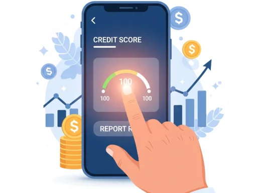 Layar smartphone menampilkan skor kredit digital dengan grafik naik, melambangkan kontrol finansial.